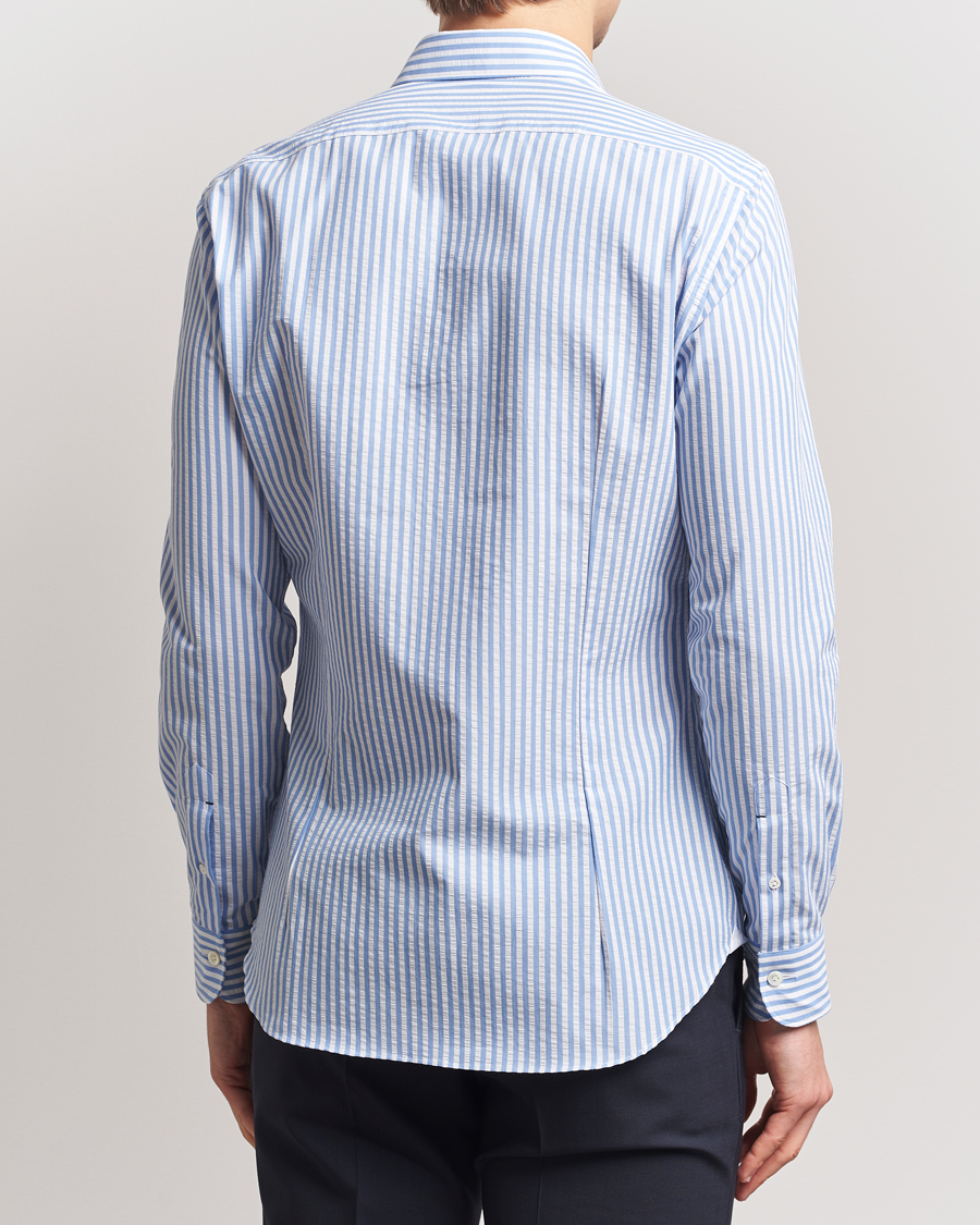 Herre | Skjorter | Mazzarelli | Soft Cotton Seersucker Shirt Light Blue Stripe