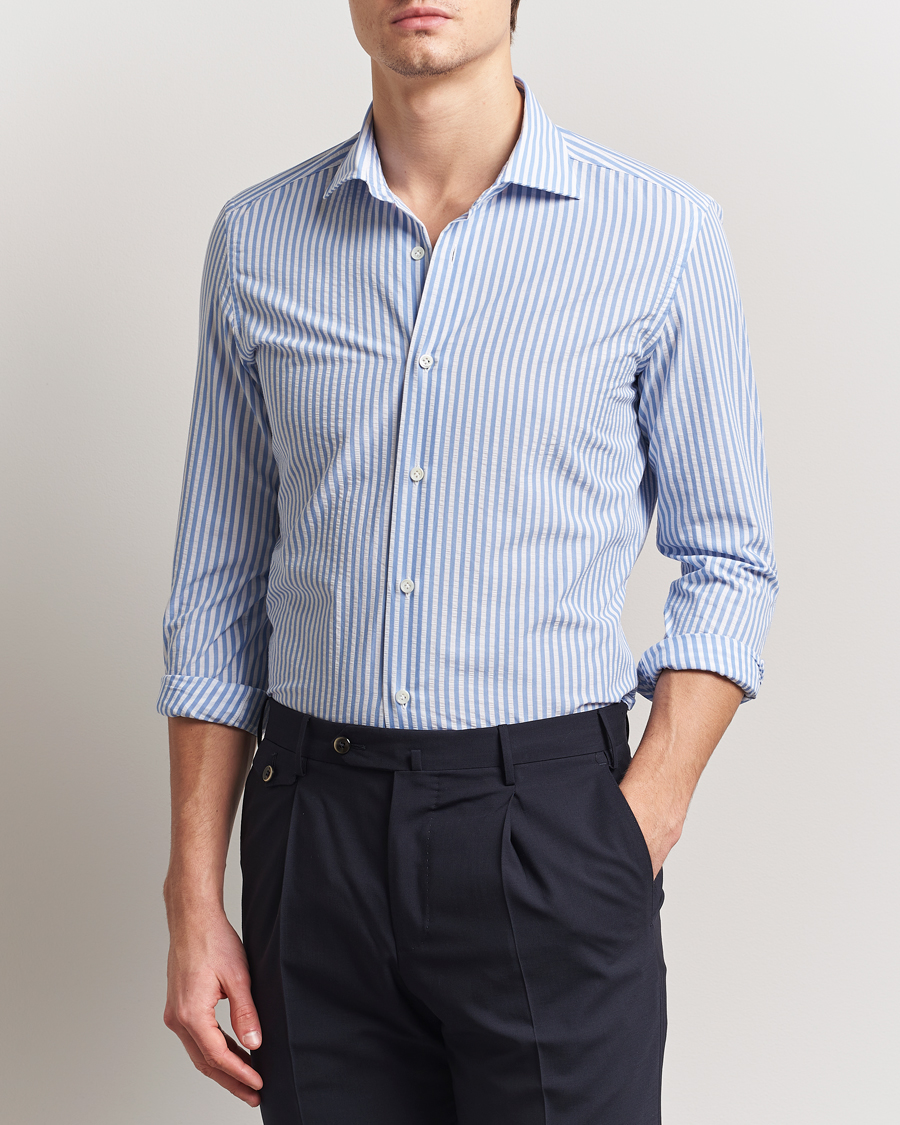 Herre | Skjorter | Mazzarelli | Soft Cotton Seersucker Shirt Light Blue Stripe
