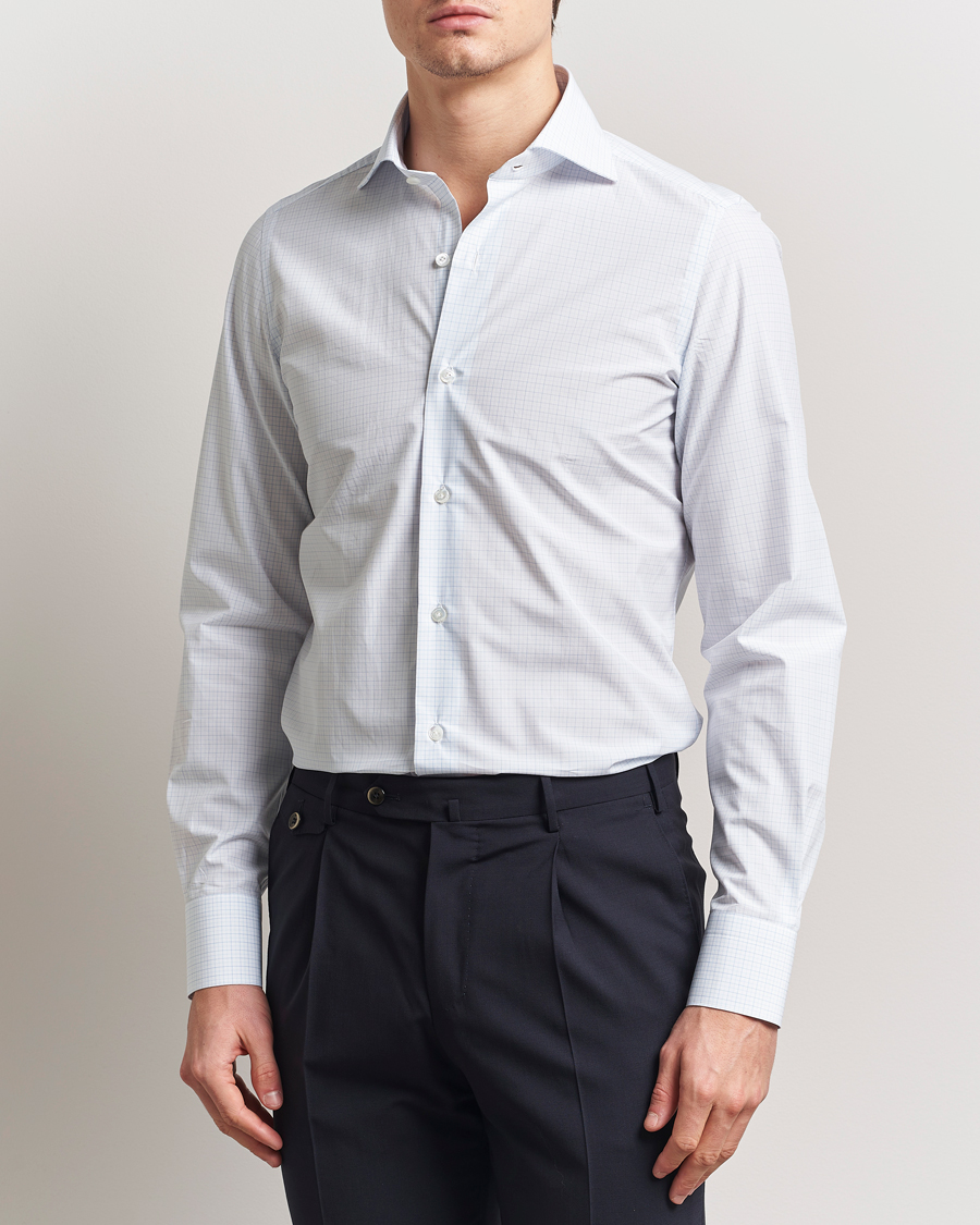 Herre | Skjorter | Finamore Napoli | Milano Slim Popeline Check Shirt Light Blue
