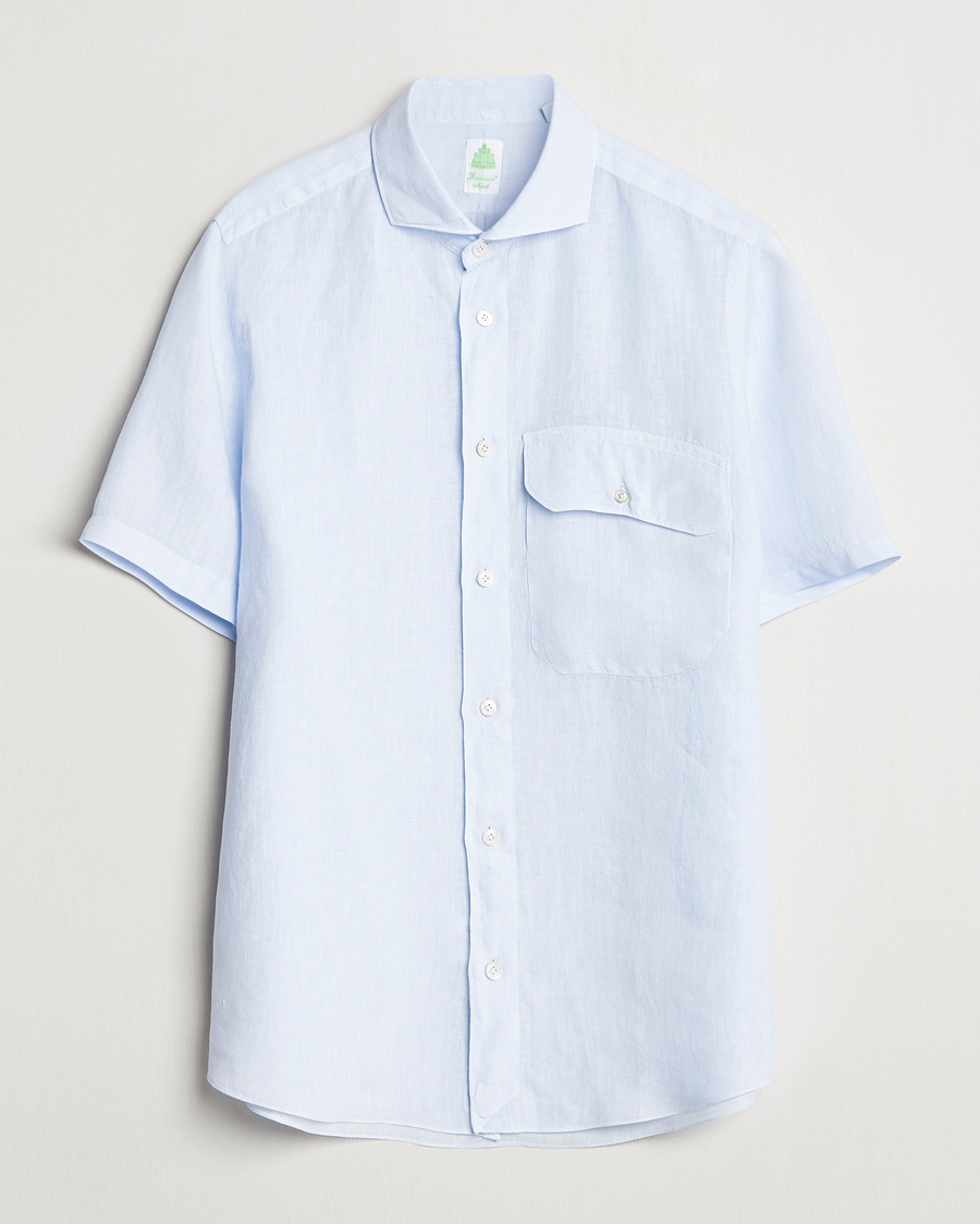 Herre | Skjorter | Finamore Napoli | Linen Short Sleeve Sport Shirt Light Blue