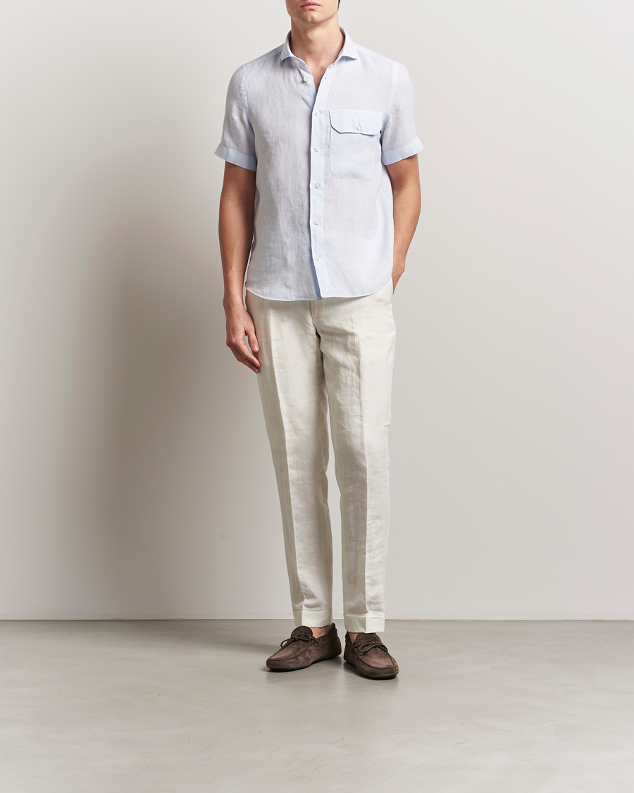 Herre | Skjorter | Finamore Napoli | Linen Short Sleeve Sport Shirt Light Blue