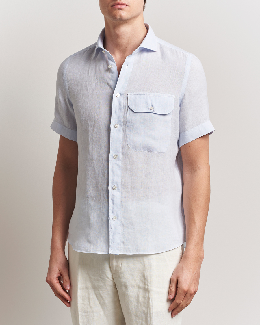 Herre | Skjorter | Finamore Napoli | Linen Short Sleeve Sport Shirt Light Blue