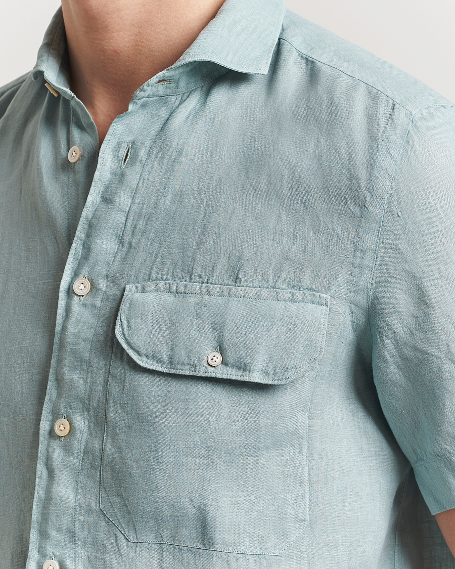 Herre | Skjorter | Finamore Napoli | Linen Short Sleeve Sport Shirt Teal