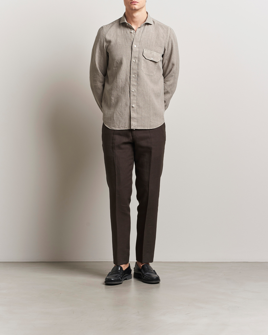 Herre | Skjorter | Finamore Napoli | Salina Garment Dyed Linen Overshirt Taupe