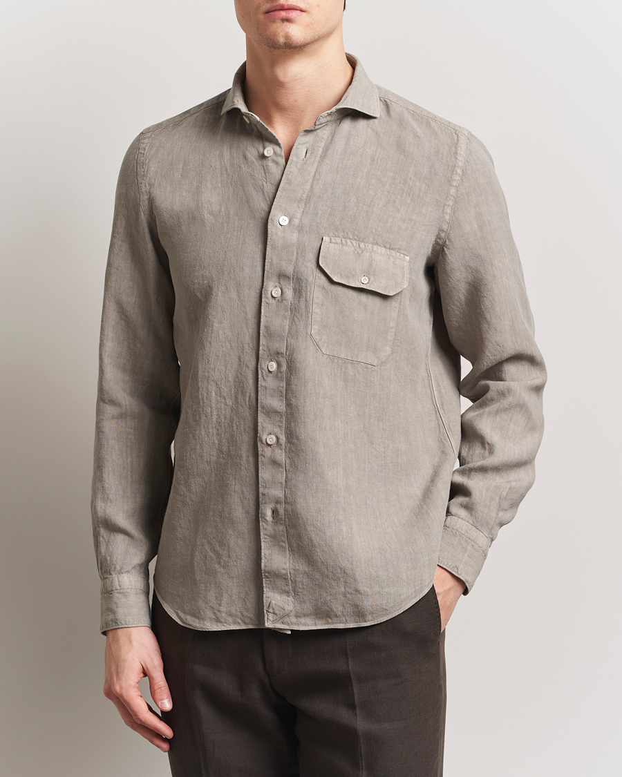 Herre | Skjorter | Finamore Napoli | Salina Garment Dyed Linen Overshirt Taupe