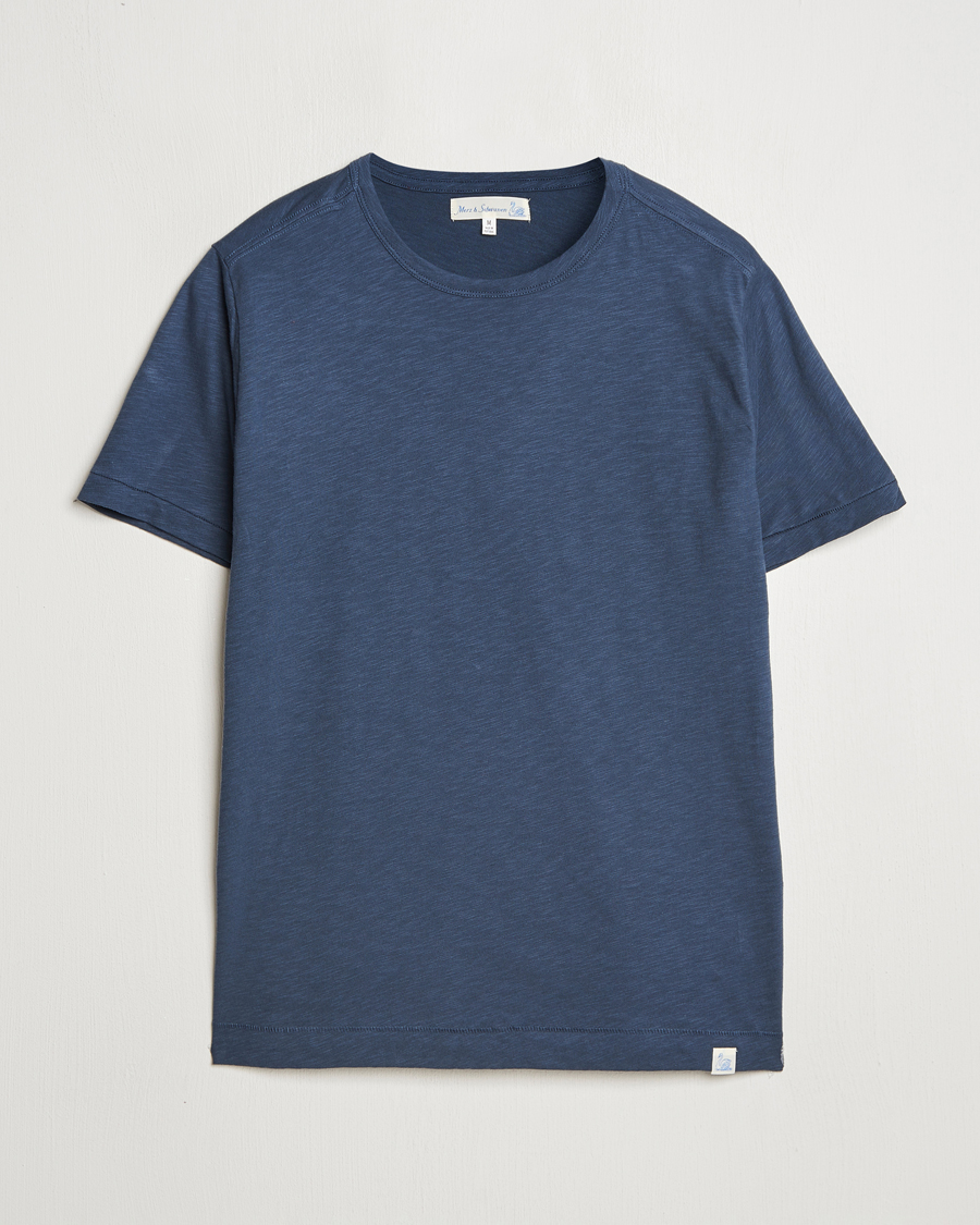 Herre | T-Shirts | Merz b. Schwanen | Organic Pima Cotton Slub Crew Neck T-Shirt Denim Blue