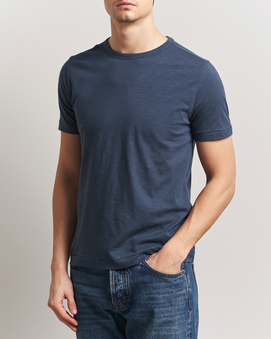Herre | T-Shirts | Merz b. Schwanen | Organic Pima Cotton Slub Crew Neck T-Shirt Denim Blue