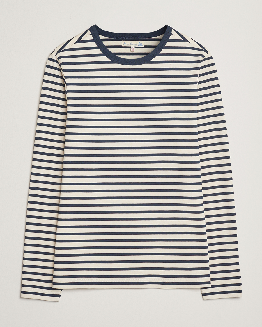 Herre | T-Shirts | Merz b. Schwanen | Relaxed Fit Striped Long Sleeve T-Shirt Ink/Nature