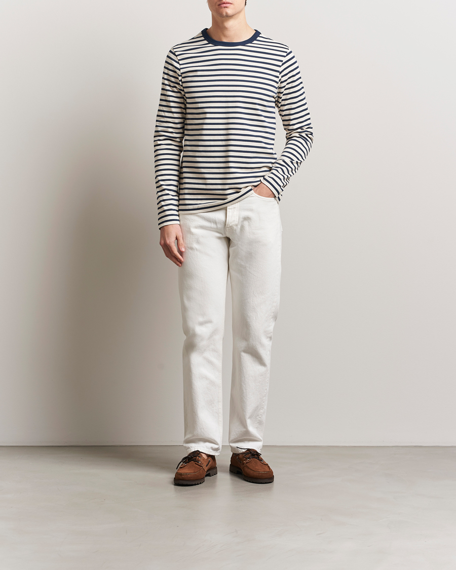 Herre | T-Shirts | Merz b. Schwanen | Relaxed Fit Striped Long Sleeve T-Shirt Ink/Nature