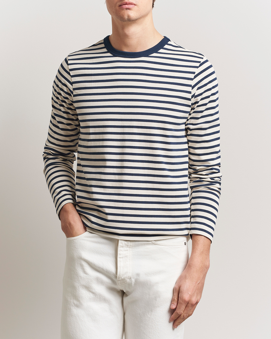 Herre | T-Shirts | Merz b. Schwanen | Relaxed Fit Striped Long Sleeve T-Shirt Ink/Nature