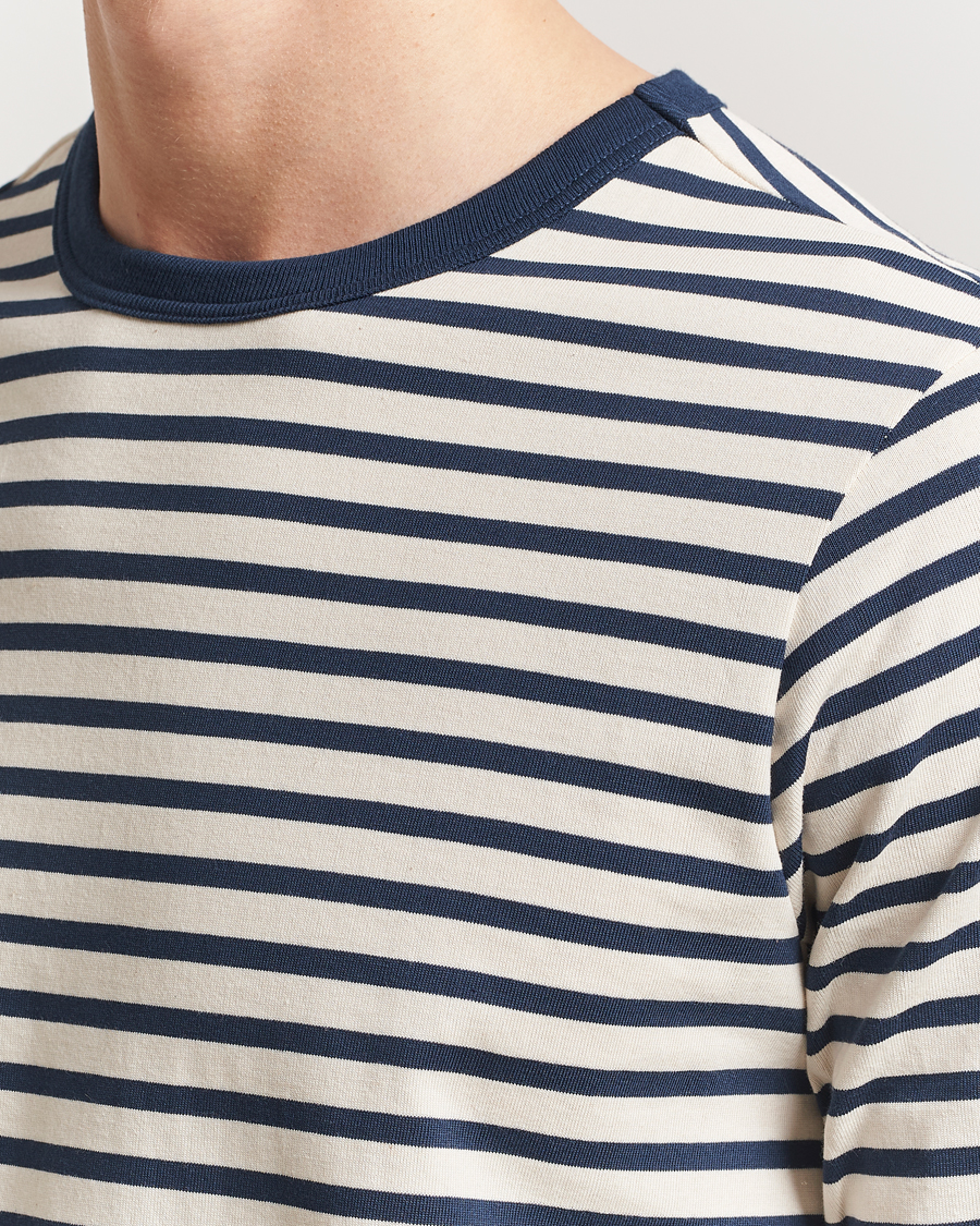 Herre | T-Shirts | Merz b. Schwanen | Relaxed Fit Striped Long Sleeve T-Shirt Ink/Nature
