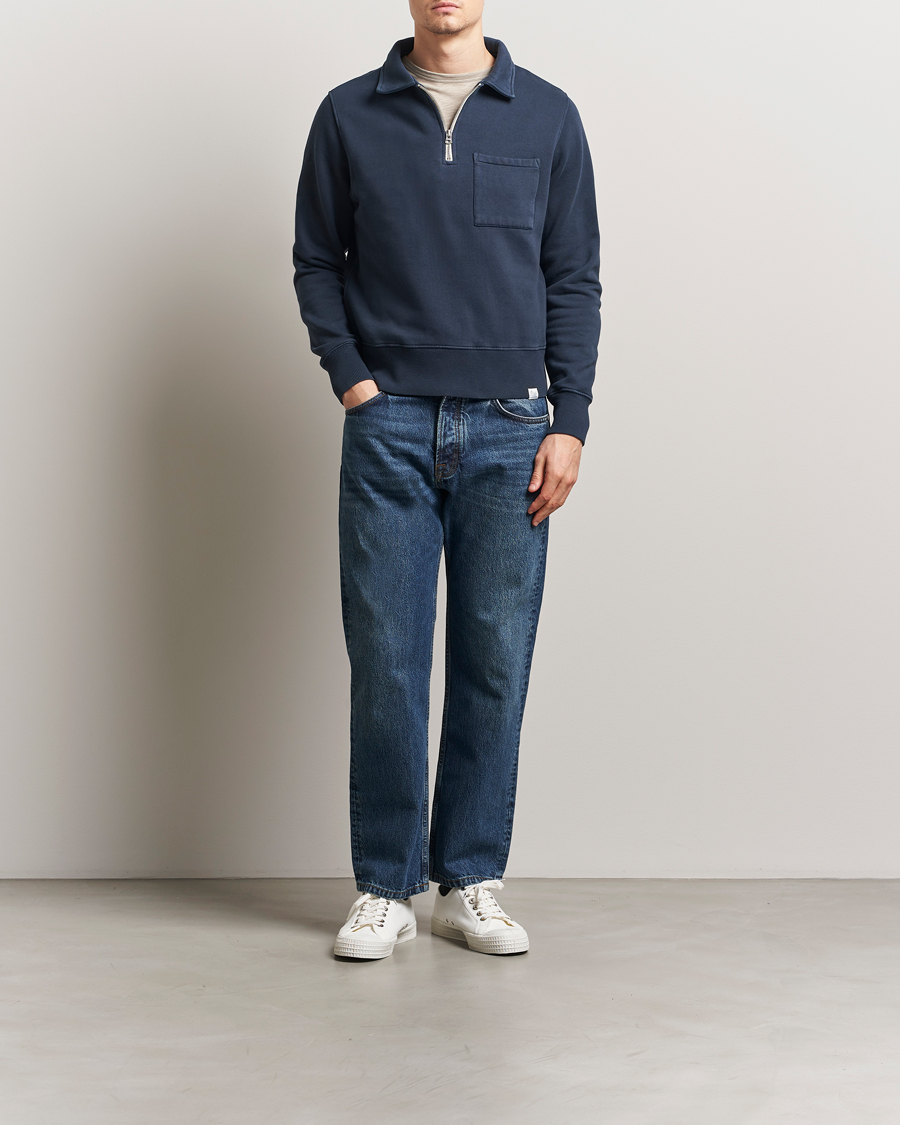 Herre | Gensere | Merz b. Schwanen | Relaxed Fit Vintage Fleece Half Zip Sweat Denim Blue