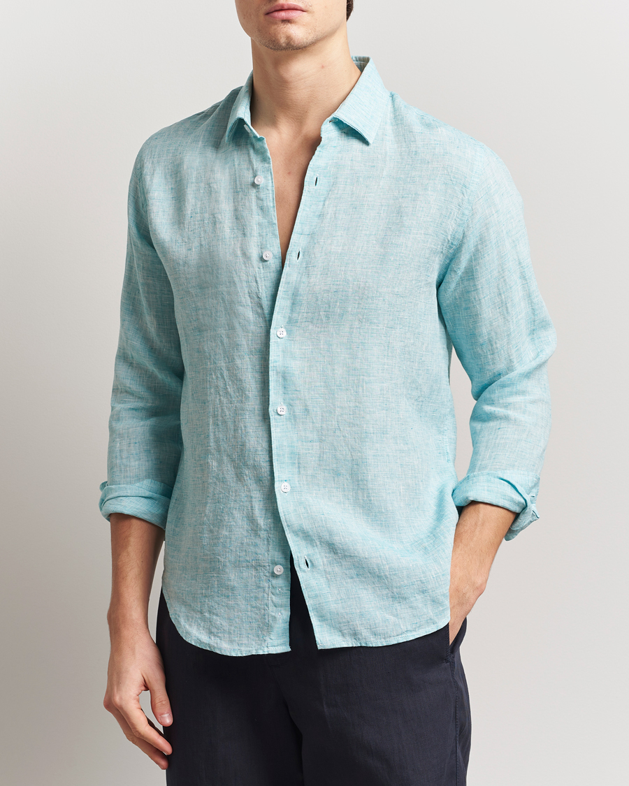 Herre | Skjorter | Orlebar Brown | Giles Long Sleeve Linen Shirt Aqua Blue/White