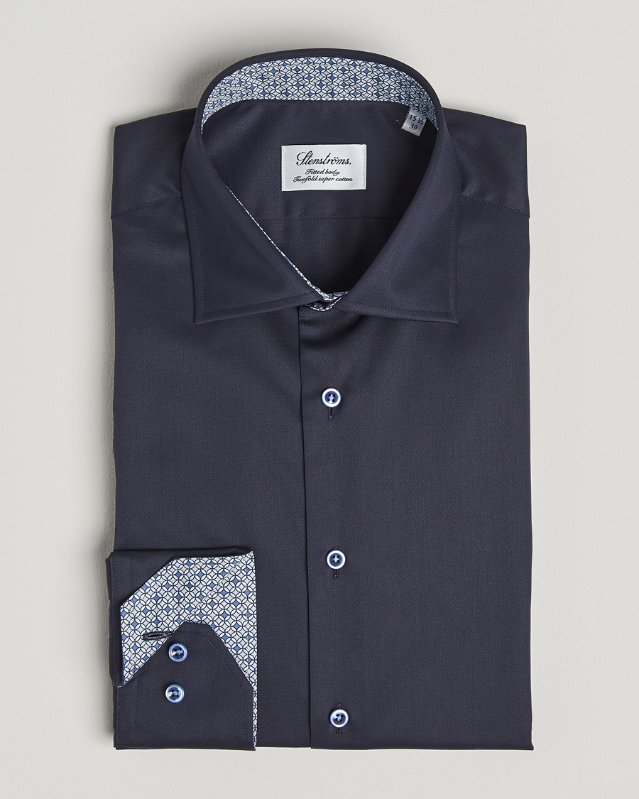 Herre | Skjorter | Stenströms | Fitted Body Contrast Cotton Twill Shirt Navy