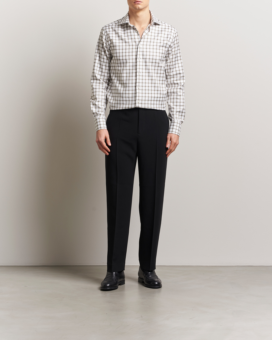 Herre | Skjorter | Stenströms | Fitted Body Checked Cut Away Shirt Taupe/White