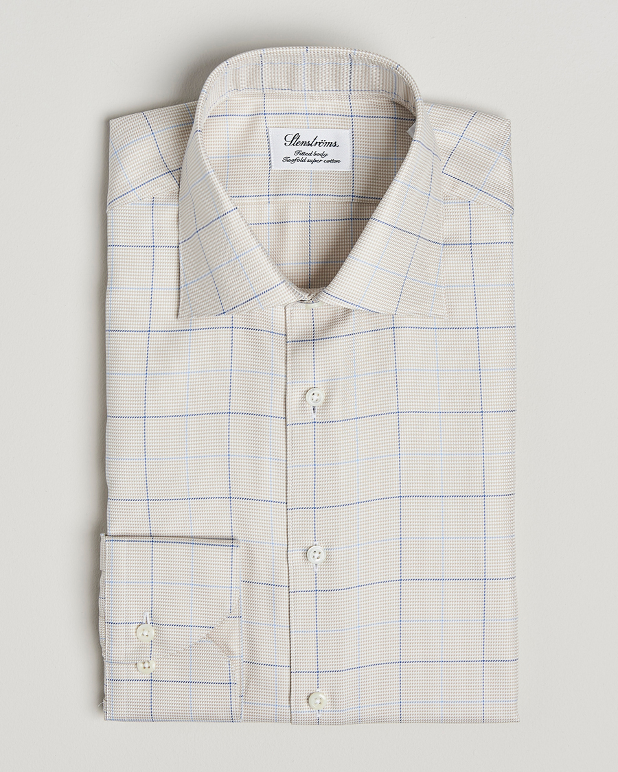 Herre | Skjorter | Stenströms | Fitted Body Checked Houndstooth Shirt Taupe