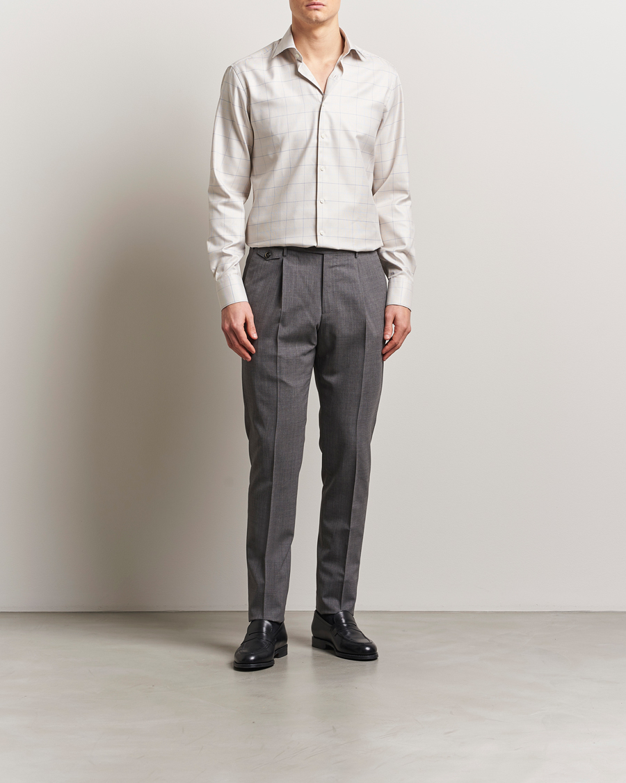 Herre | Skjorter | Stenströms | Fitted Body Checked Houndstooth Shirt Taupe
