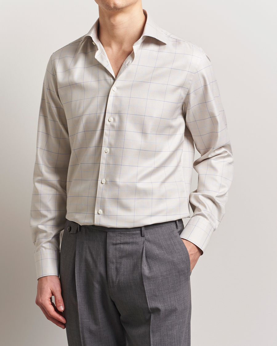 Herre | Skjorter | Stenströms | Fitted Body Checked Houndstooth Shirt Taupe