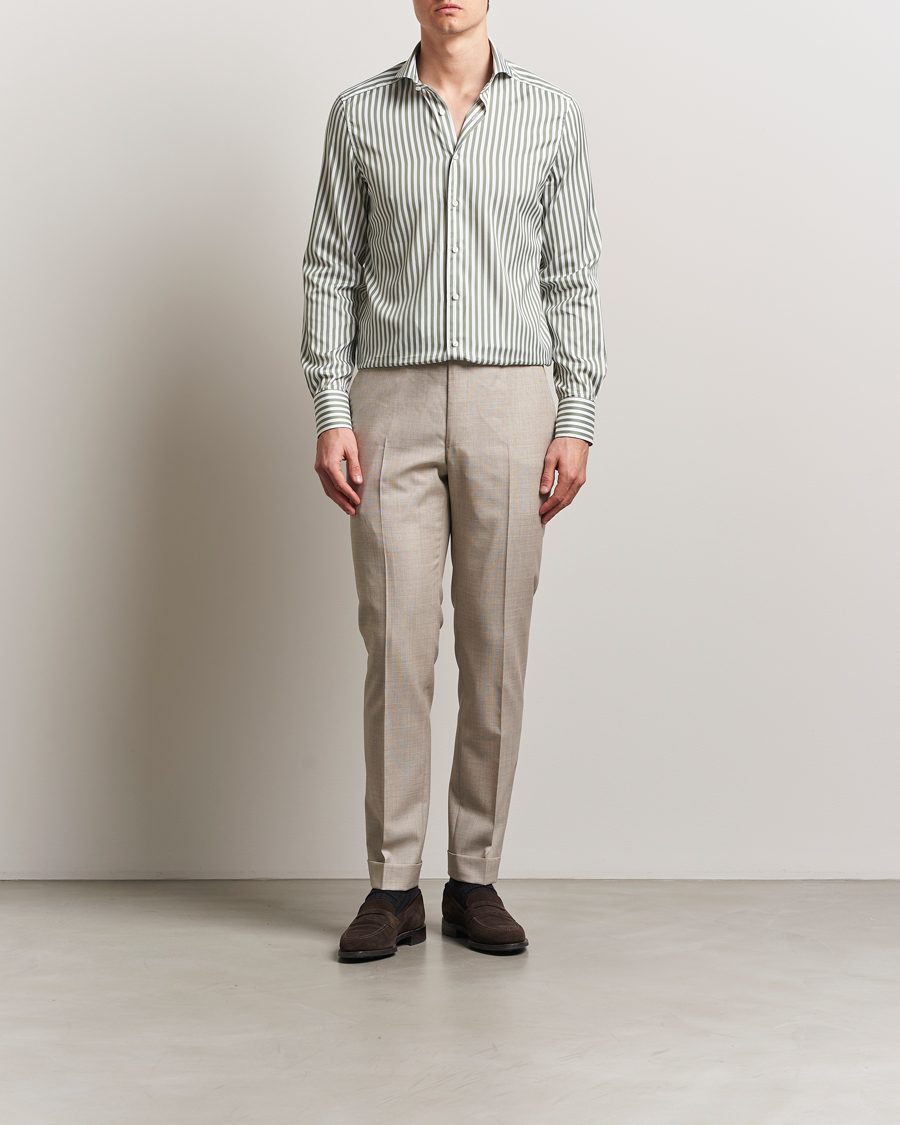 Herre | Skjorter | Stenströms | 1899 Slimline Striped Cotton/Silk Shirt Green