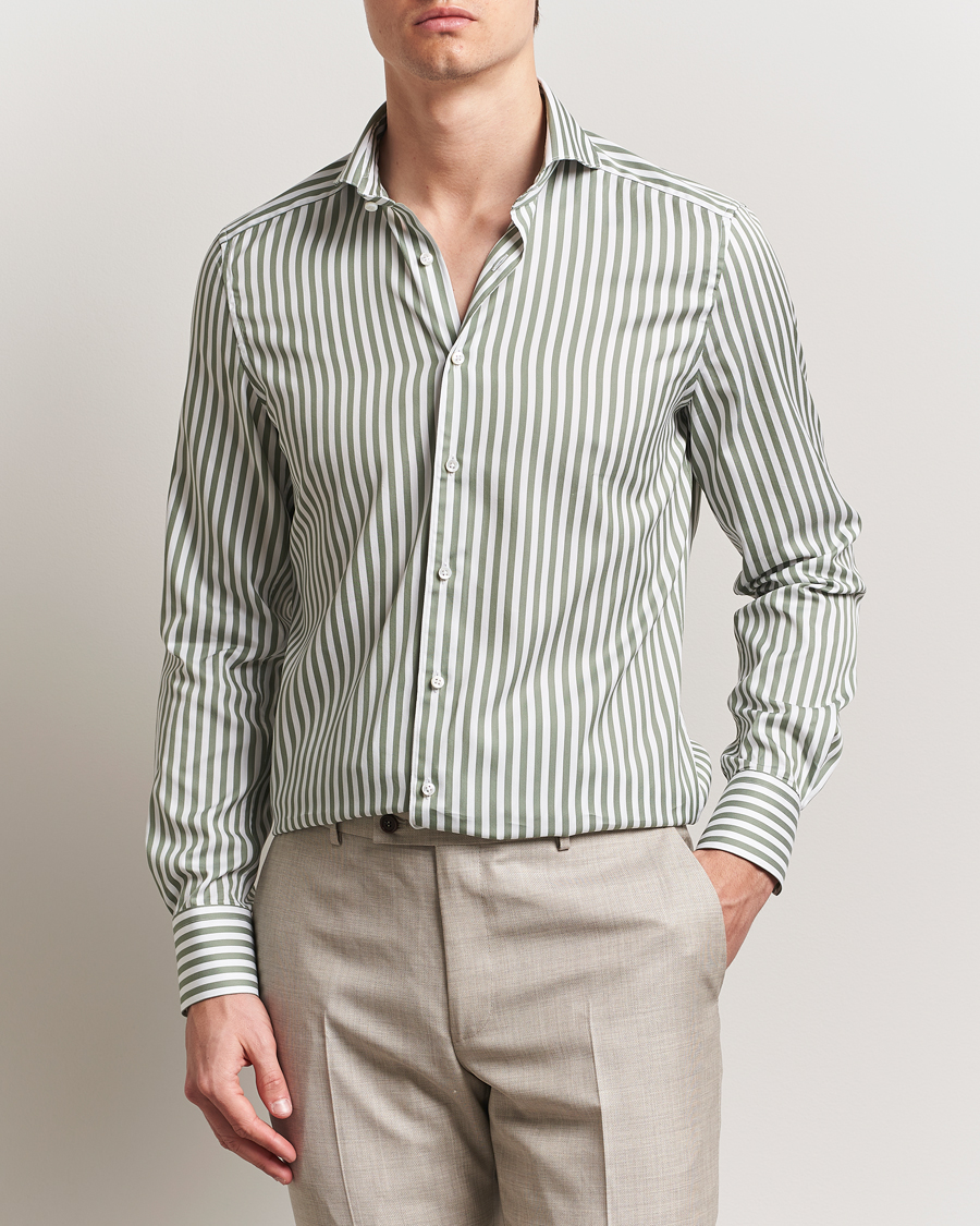 Herre | Skjorter | Stenströms | 1899 Slimline Striped Cotton/Silk Shirt Green