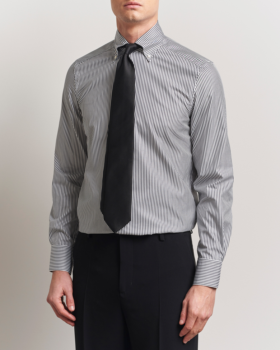 Herre | Skjorter | Stenströms | 1899 Slimline Striped One Piece Button Down Collar Shirt Black