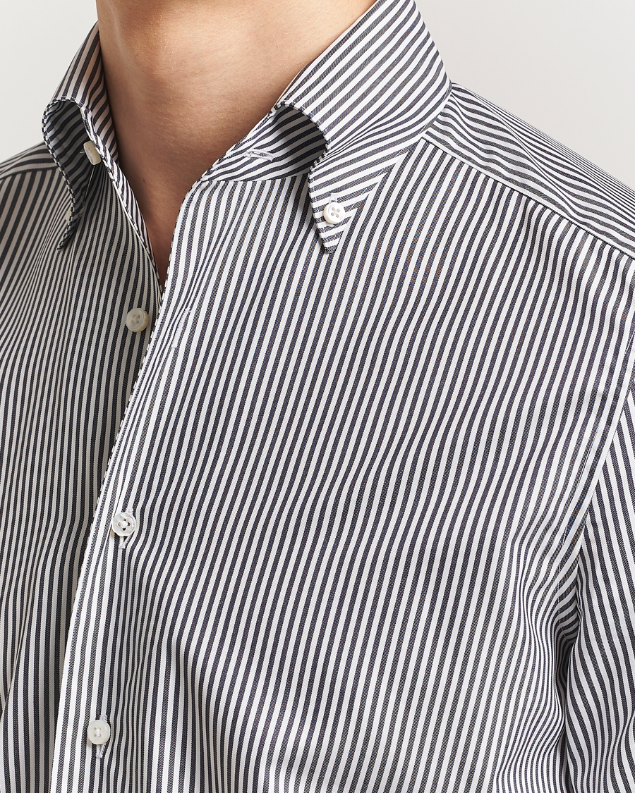 Herre | Skjorter | Stenströms | 1899 Slimline Striped One Piece Button Down Collar Shirt Black