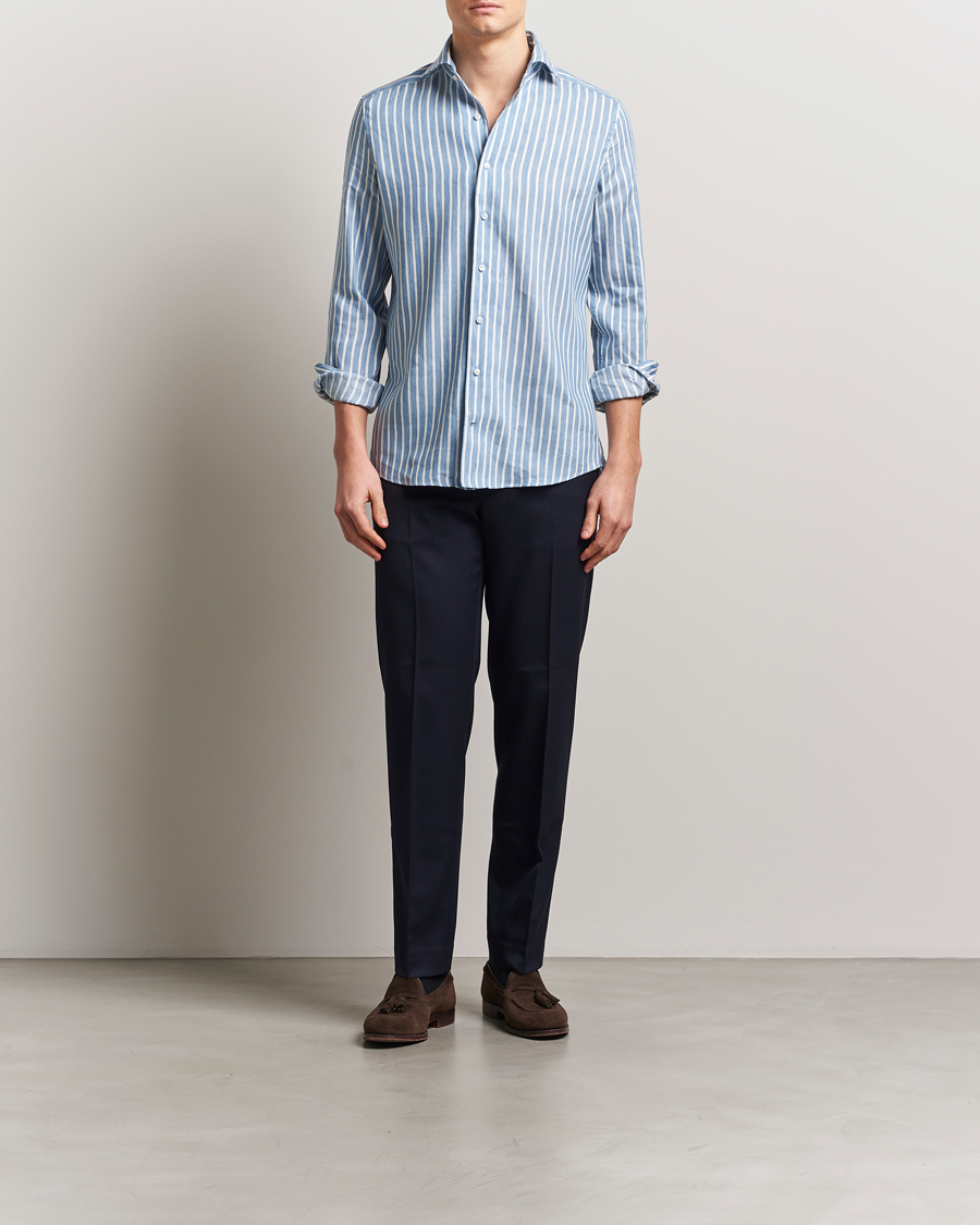 Herre | Skjorter | Stenströms | 1899 Slimline Striped Linen/Lyocell Shirt Blue