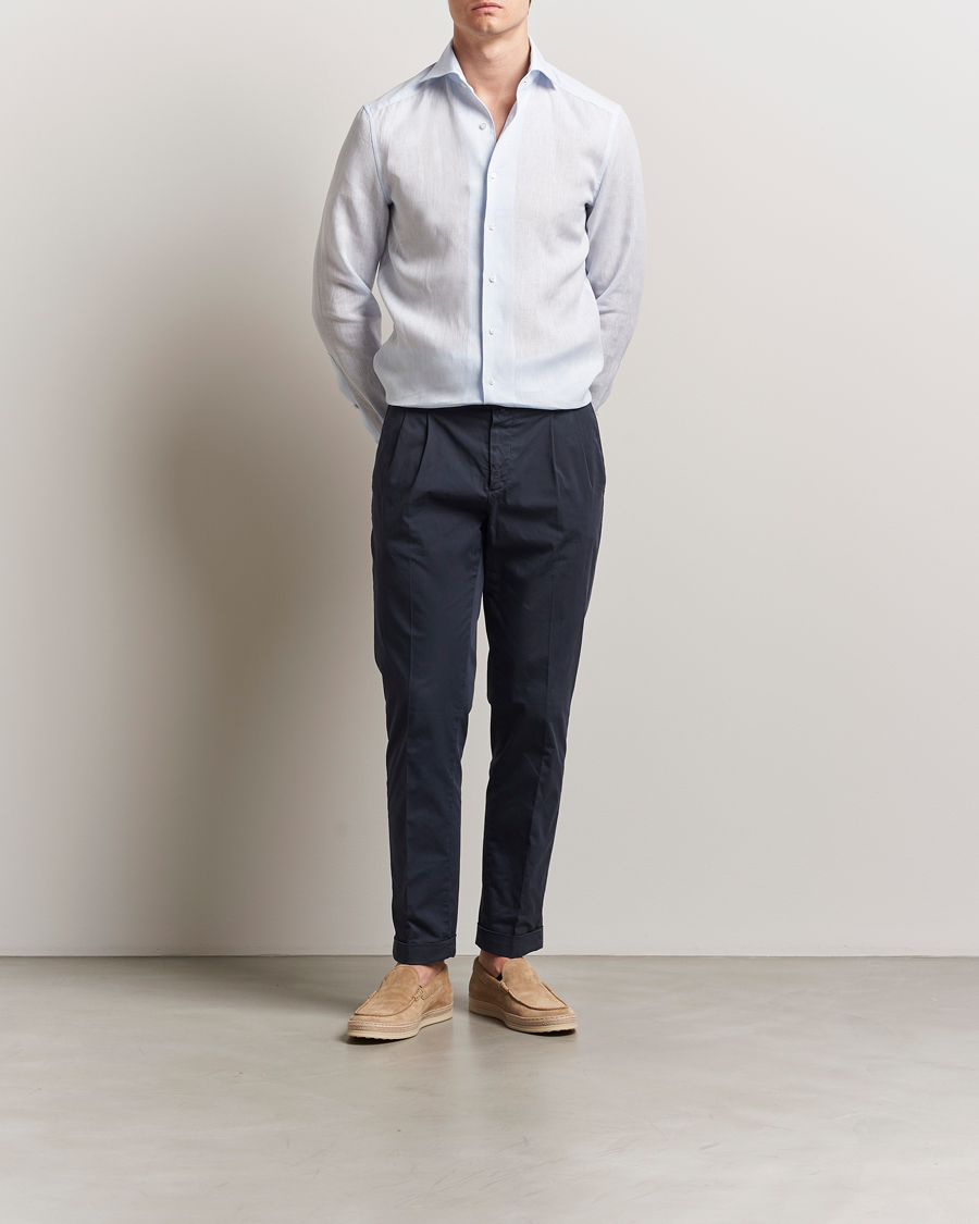 Herre | Skjorter | Stenströms | 1899 Slimline Linen One Piece Collar Shirt Blue