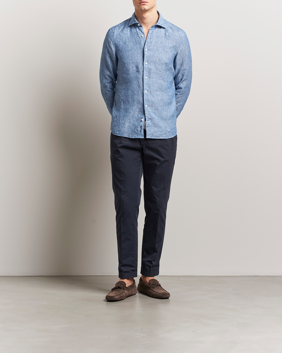 Herre | Skjorter | Stenströms | Slimline Cut Away Linen Shirt Mid Blue