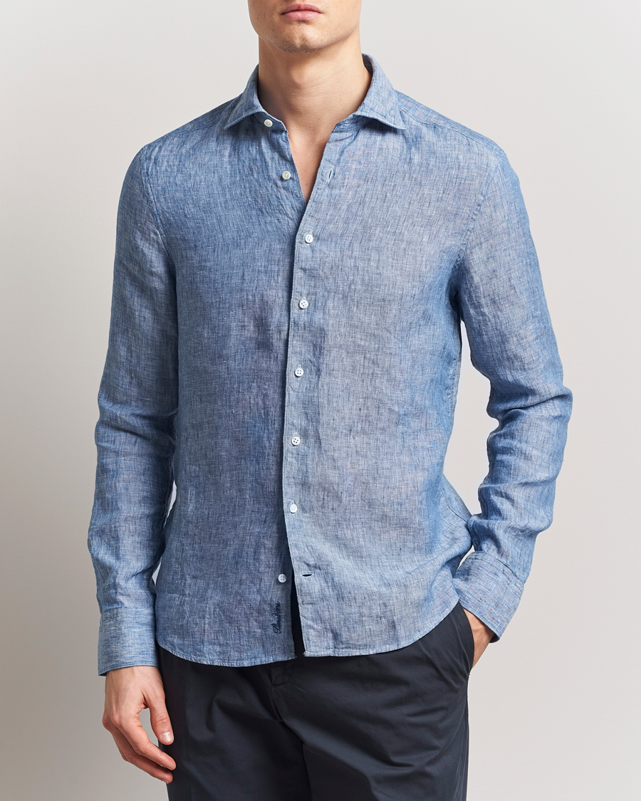 Herre | Skjorter | Stenströms | Slimline Cut Away Linen Shirt Mid Blue