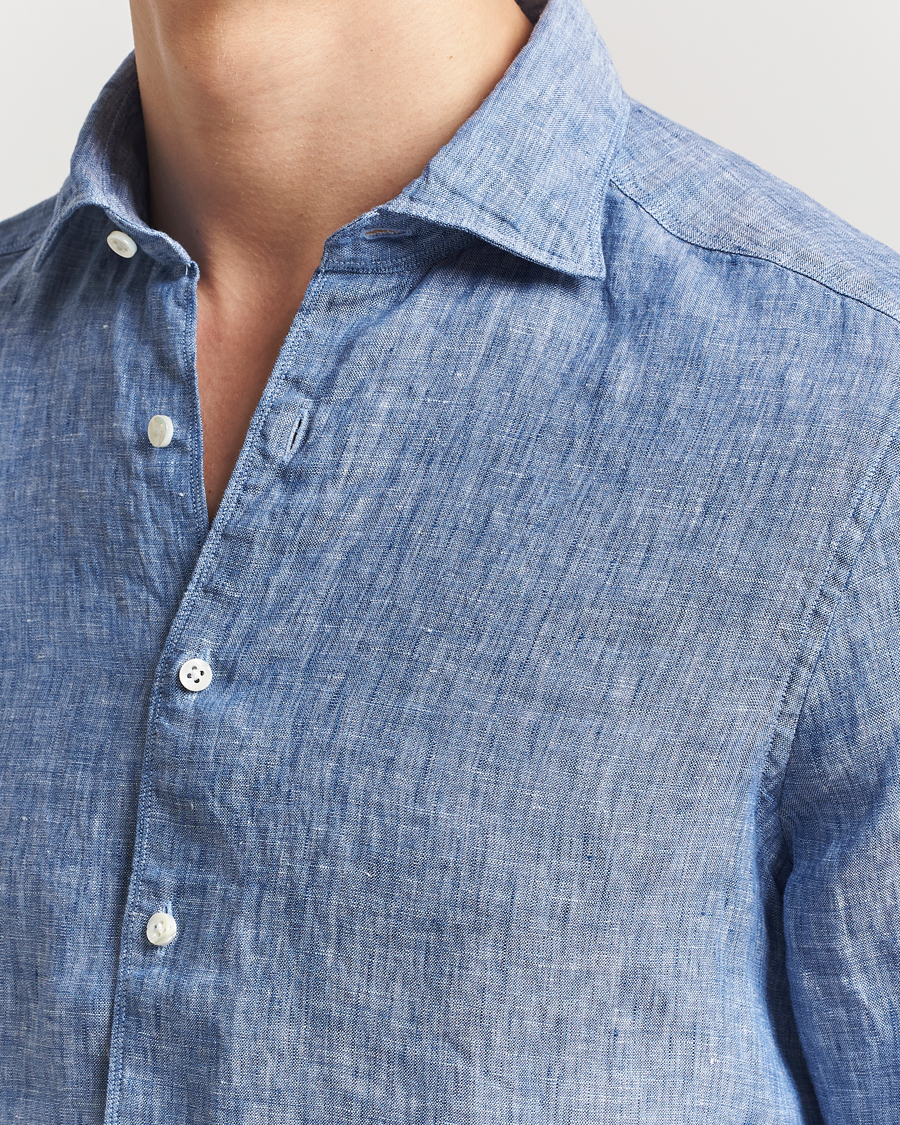 Herre | Skjorter | Stenströms | Slimline Cut Away Linen Shirt Mid Blue