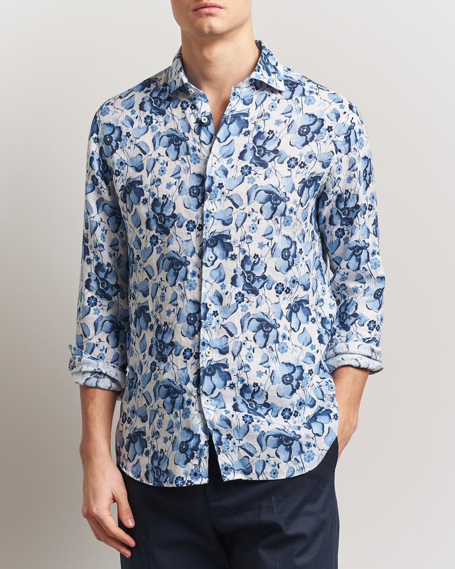 Herre | Skjorter | Stenströms | Fitted Body Flower Printed Linen Shirt Blue