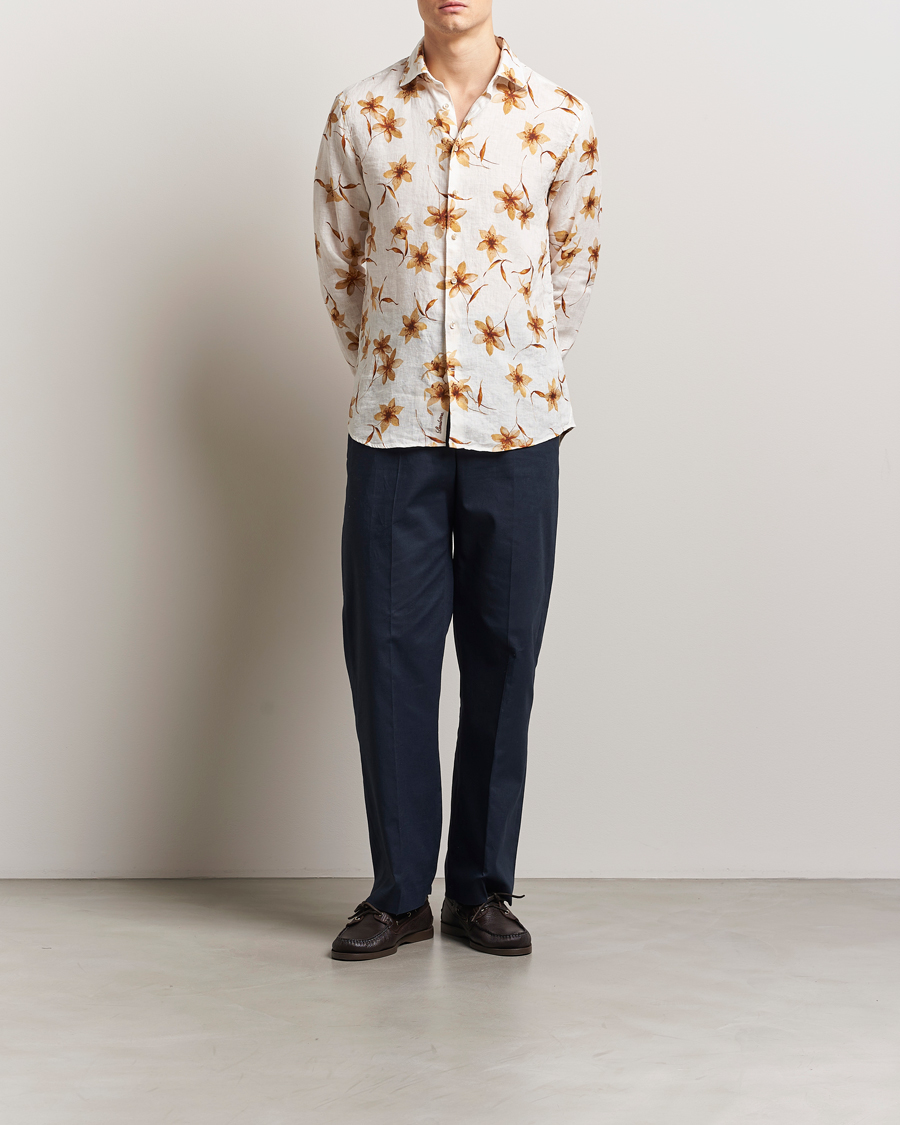 Herre | Skjorter | Stenströms | Fitted Body Flower Printed Linen Shirt White