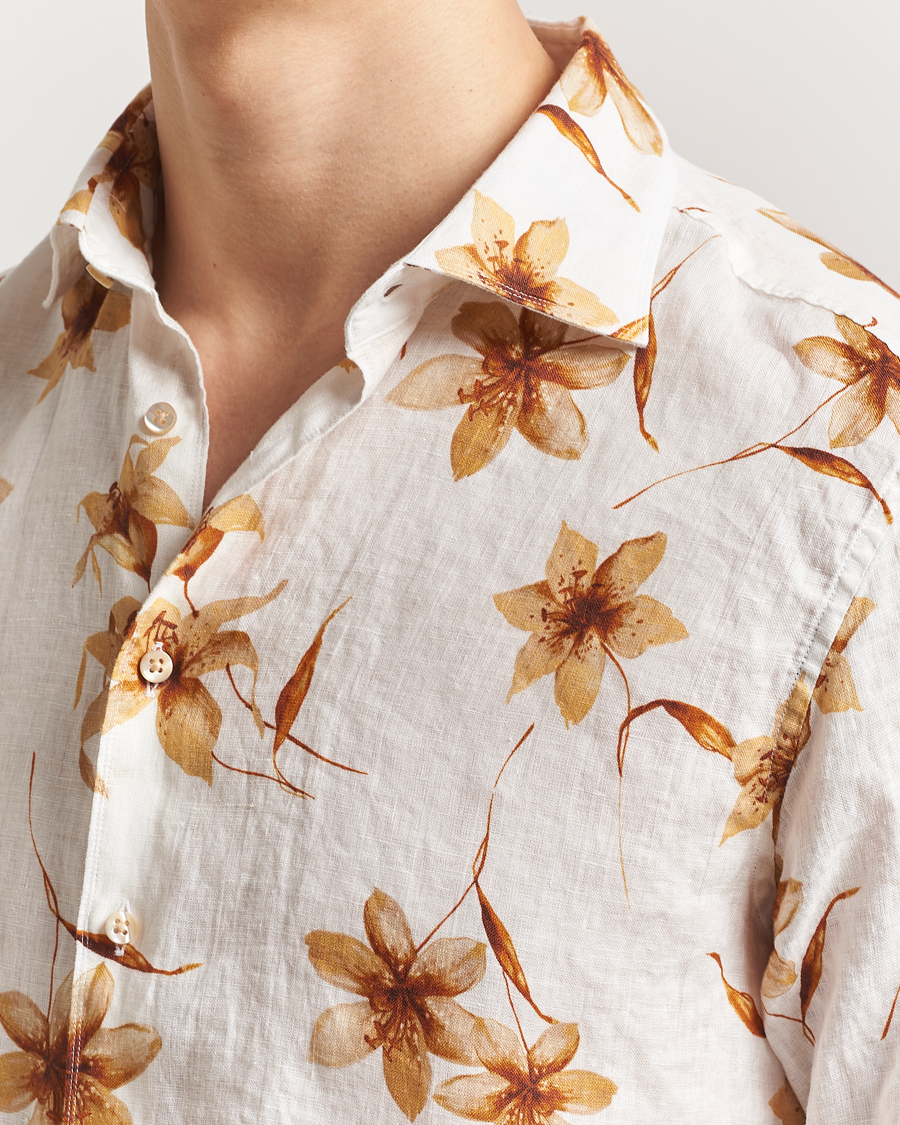 Herre | Skjorter | Stenströms | Fitted Body Flower Printed Linen Shirt White