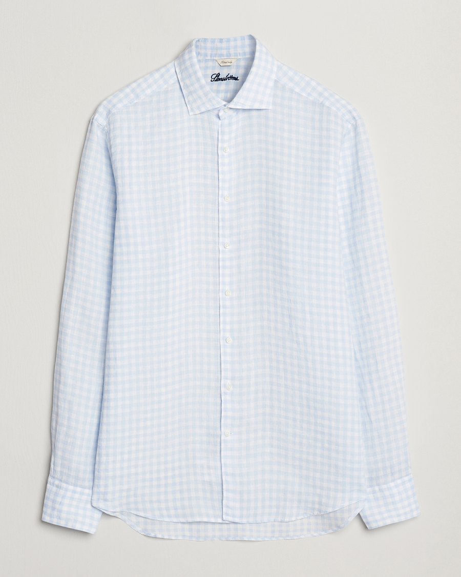 Herre | Skjorter | Stenströms | Fitted Body Checked Linen Shirt Blue