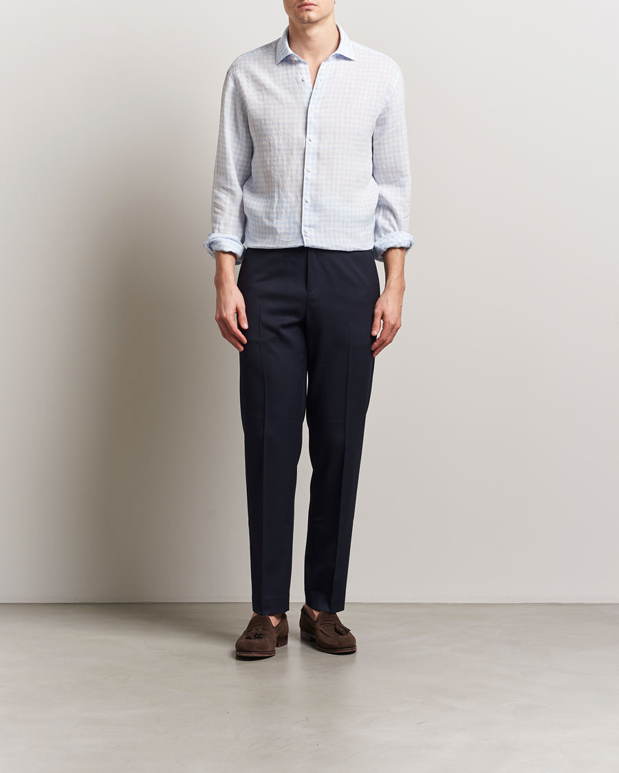 Herre | Skjorter | Stenströms | Fitted Body Checked Linen Shirt Blue