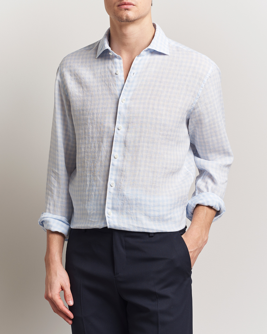 Herre | Skjorter | Stenströms | Fitted Body Checked Linen Shirt Blue