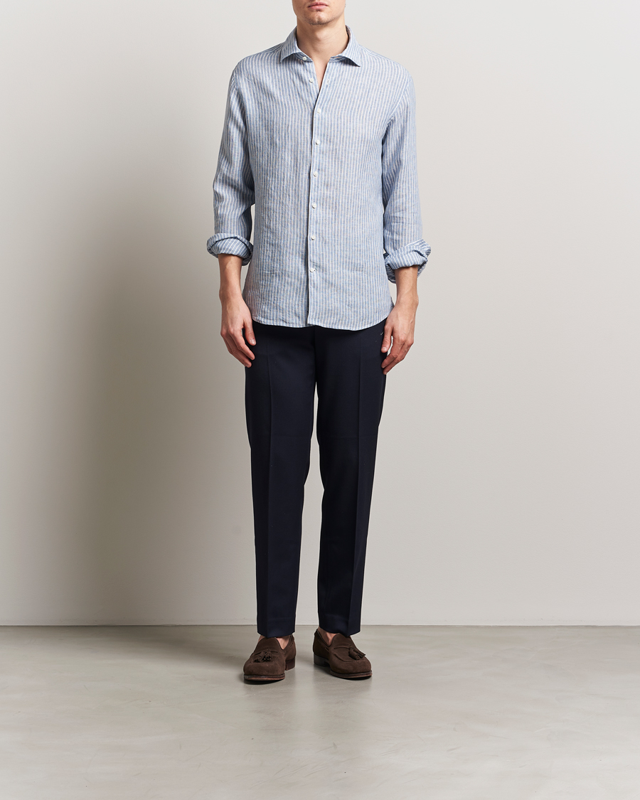Herre | Skjorter | Stenströms | Fitted Body Striped Linen Shirt Blue