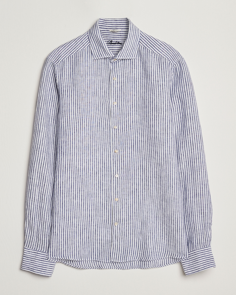 Herre | Skjorter | Stenströms | Slimline Cut Away Striped Linen Shirt Dark Blue