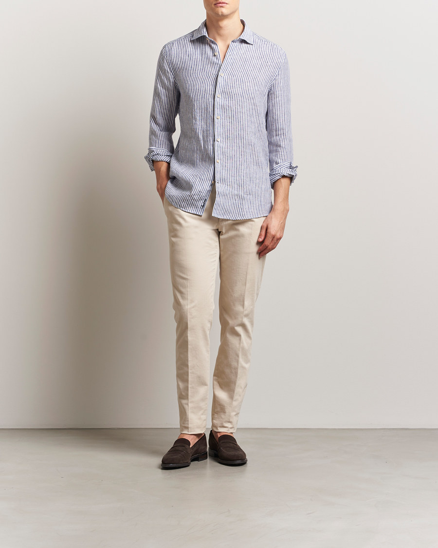 Herre | Skjorter | Stenströms | Slimline Cut Away Striped Linen Shirt Dark Blue