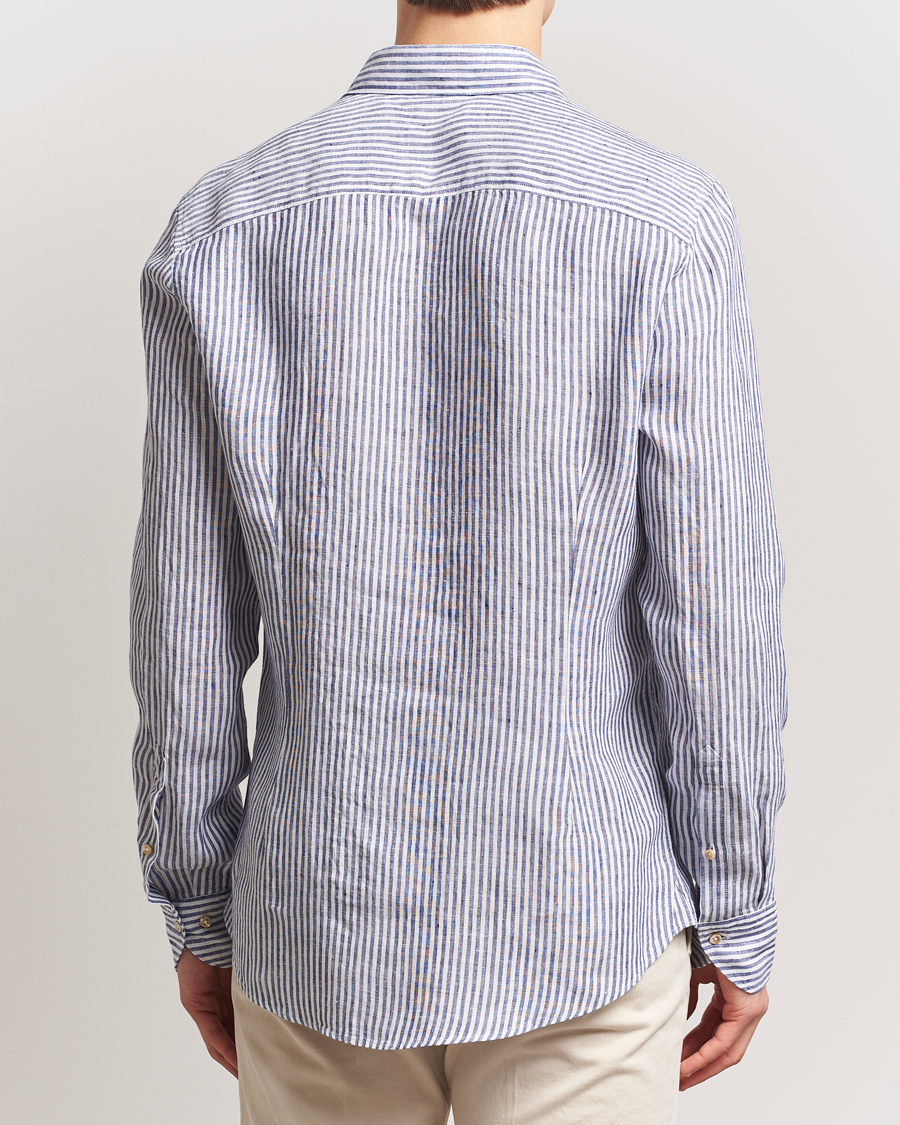 Herre | Skjorter | Stenströms | Slimline Cut Away Striped Linen Shirt Dark Blue