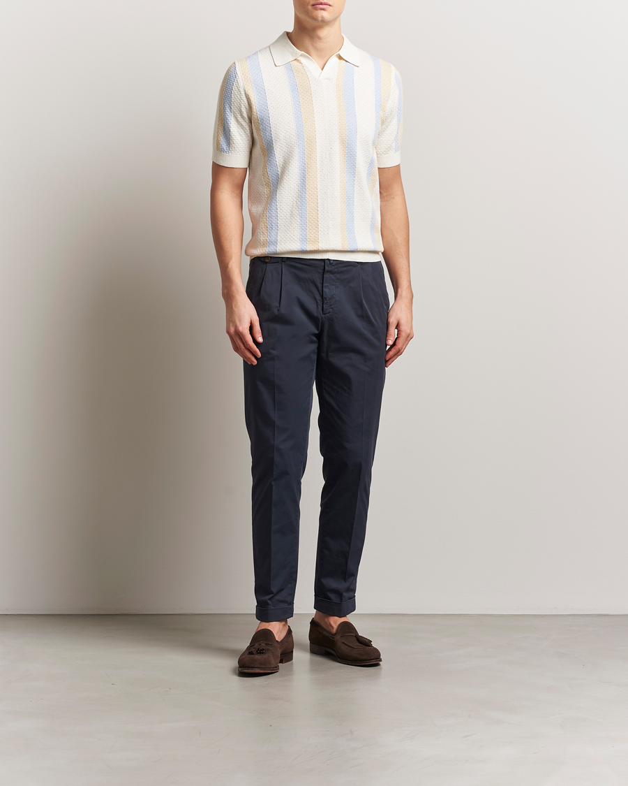 Herre | Pikéer | Stenströms | Knitted Textured Striped Cotton/Hemp Polo Off White