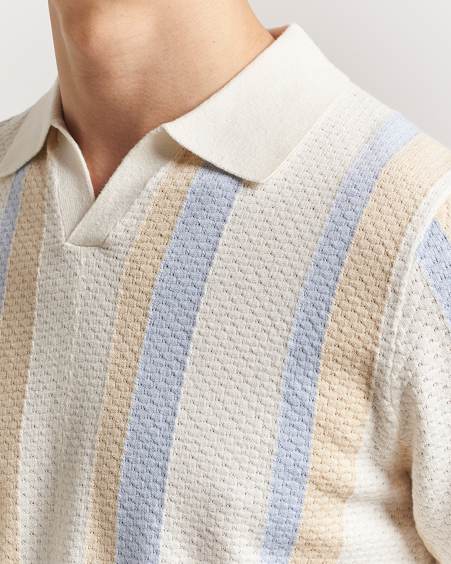 Herre | Pikéer | Stenströms | Knitted Textured Striped Cotton/Hemp Polo Off White