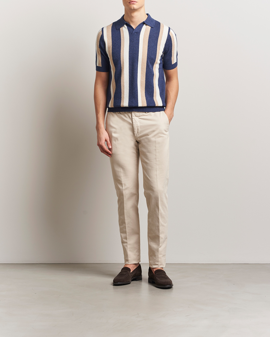 Herre | Pikéer | Stenströms | Knitted Textured Striped Cotton/Hemp Polo Dark Blue