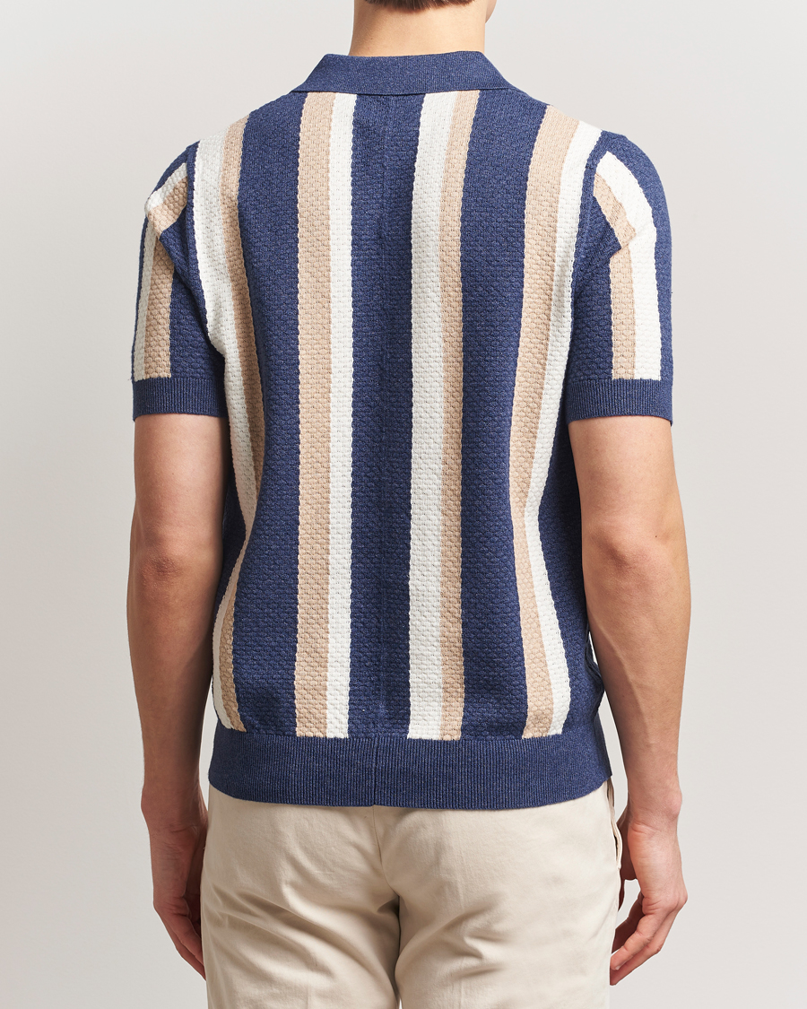 Herre | Pikéer | Stenströms | Knitted Textured Striped Cotton/Hemp Polo Dark Blue