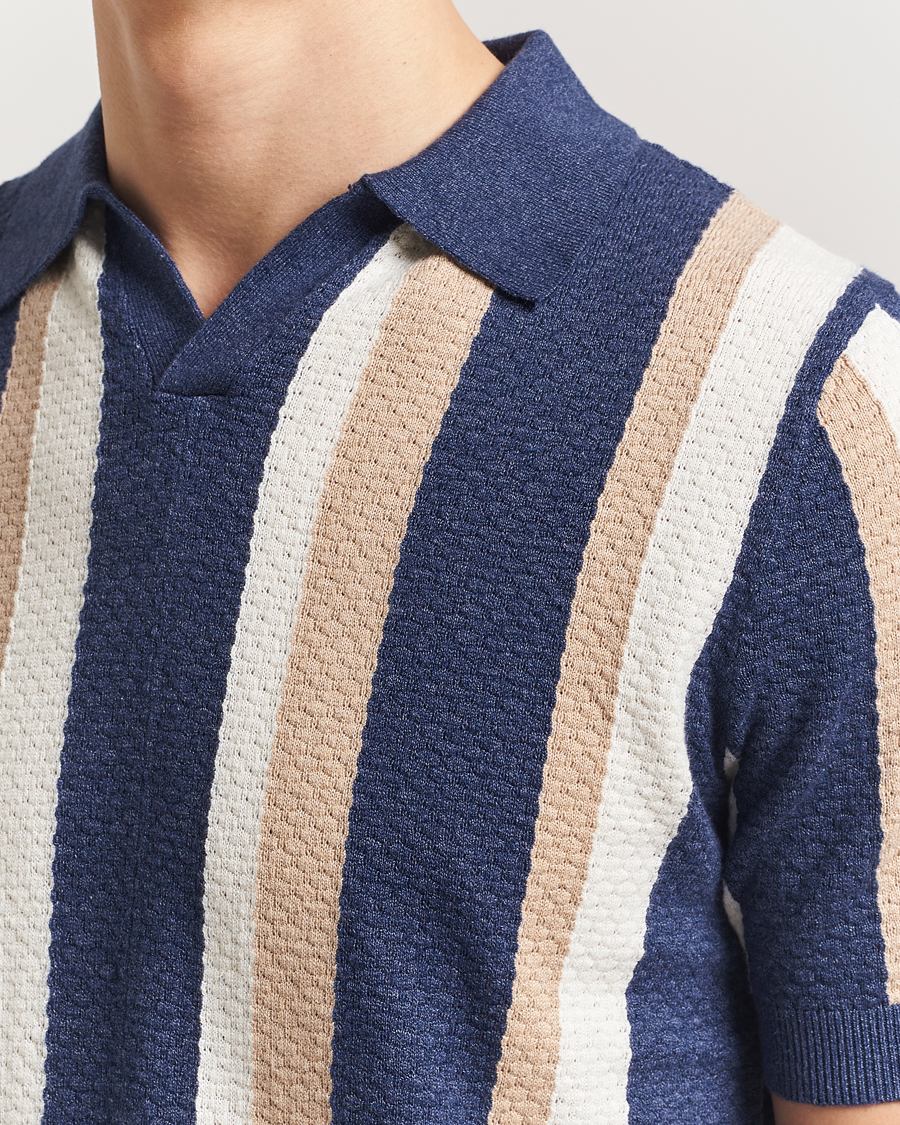 Herre | Pikéer | Stenströms | Knitted Textured Striped Cotton/Hemp Polo Dark Blue
