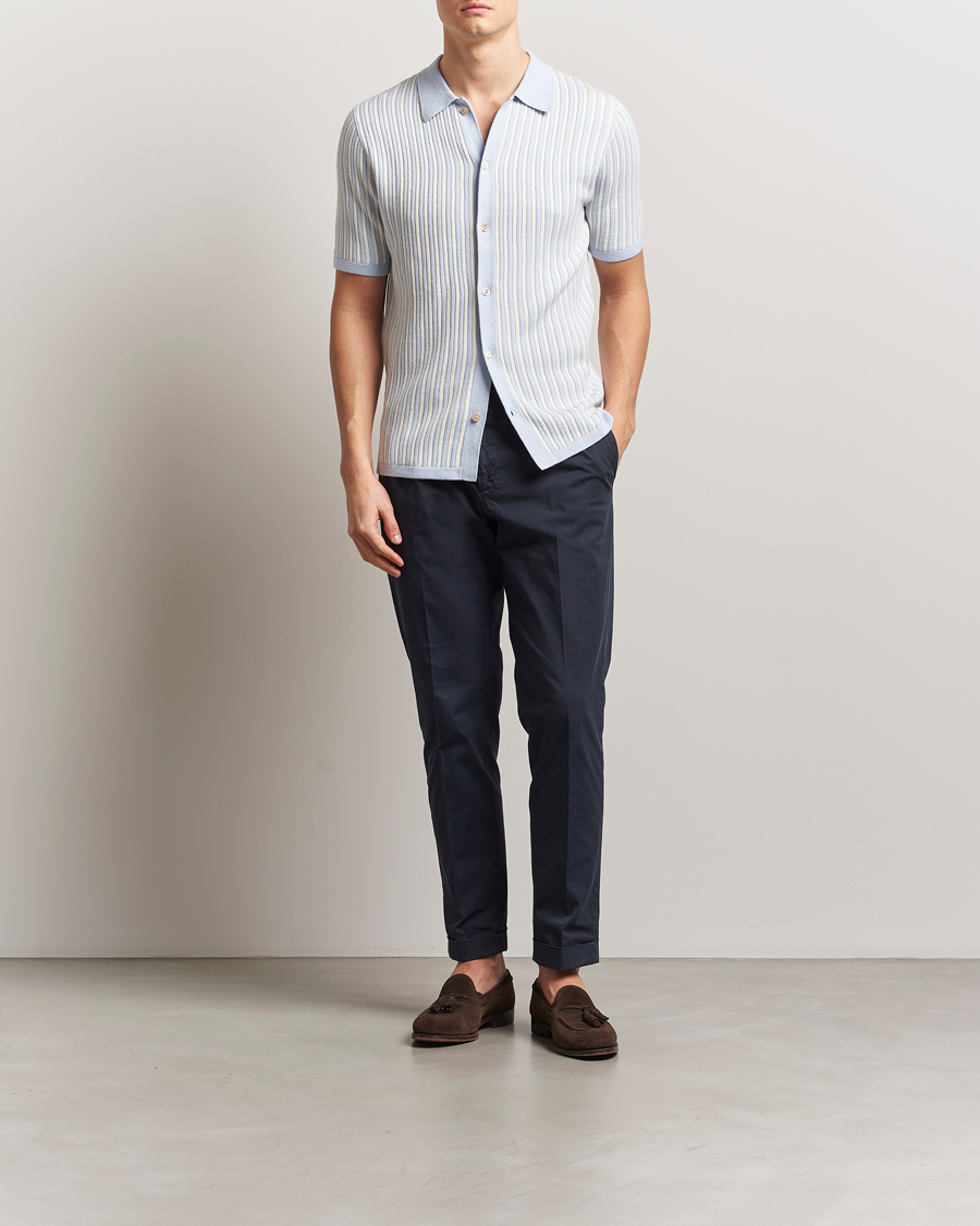 Herre | Skjorter | Stenströms | Knitted Buttonthru Polo Shirt White/Blue