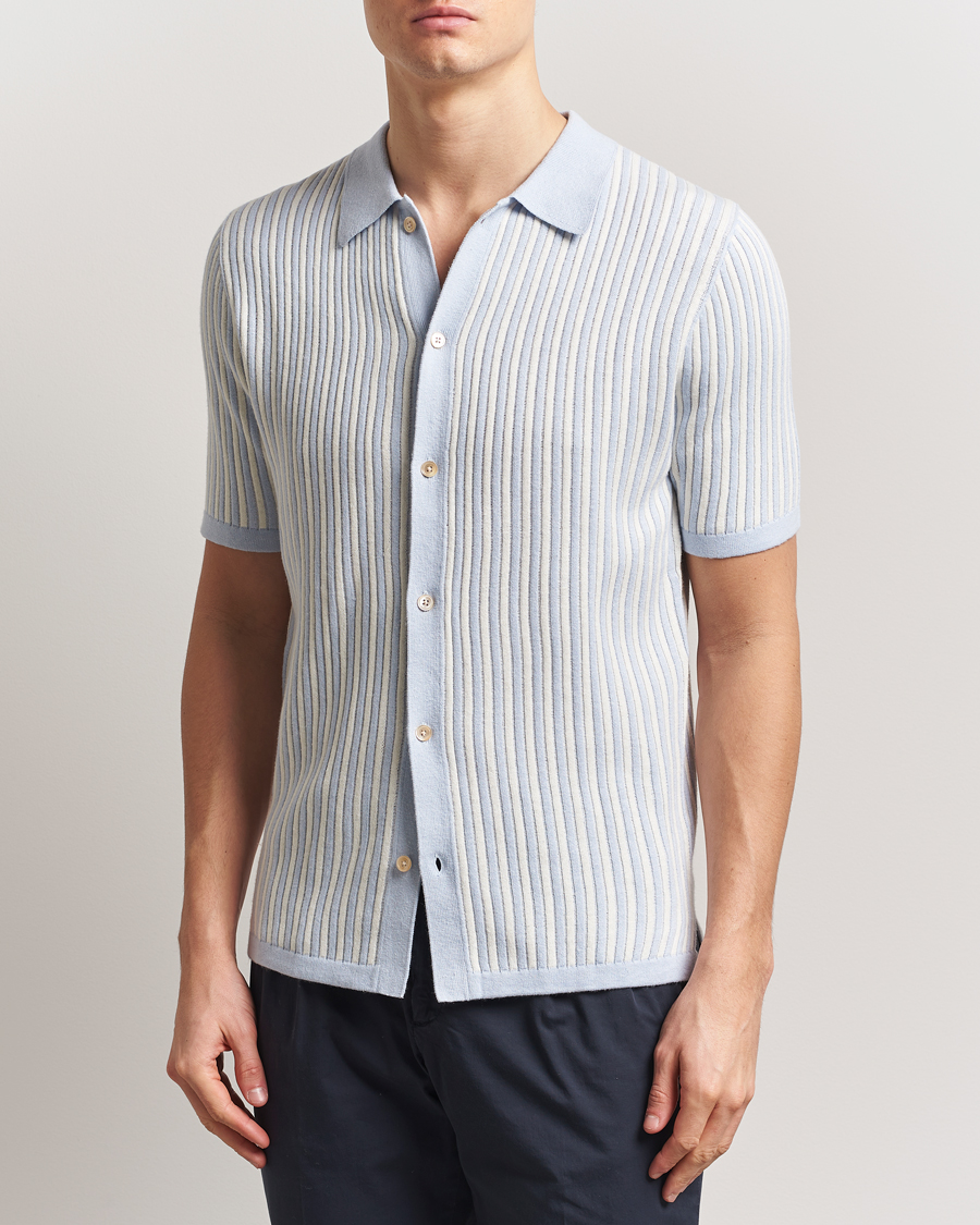 Herre | Skjorter | Stenströms | Knitted Buttonthru Polo Shirt White/Blue