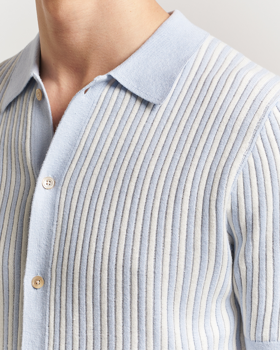Herre | Skjorter | Stenströms | Knitted Buttonthru Polo Shirt White/Blue
