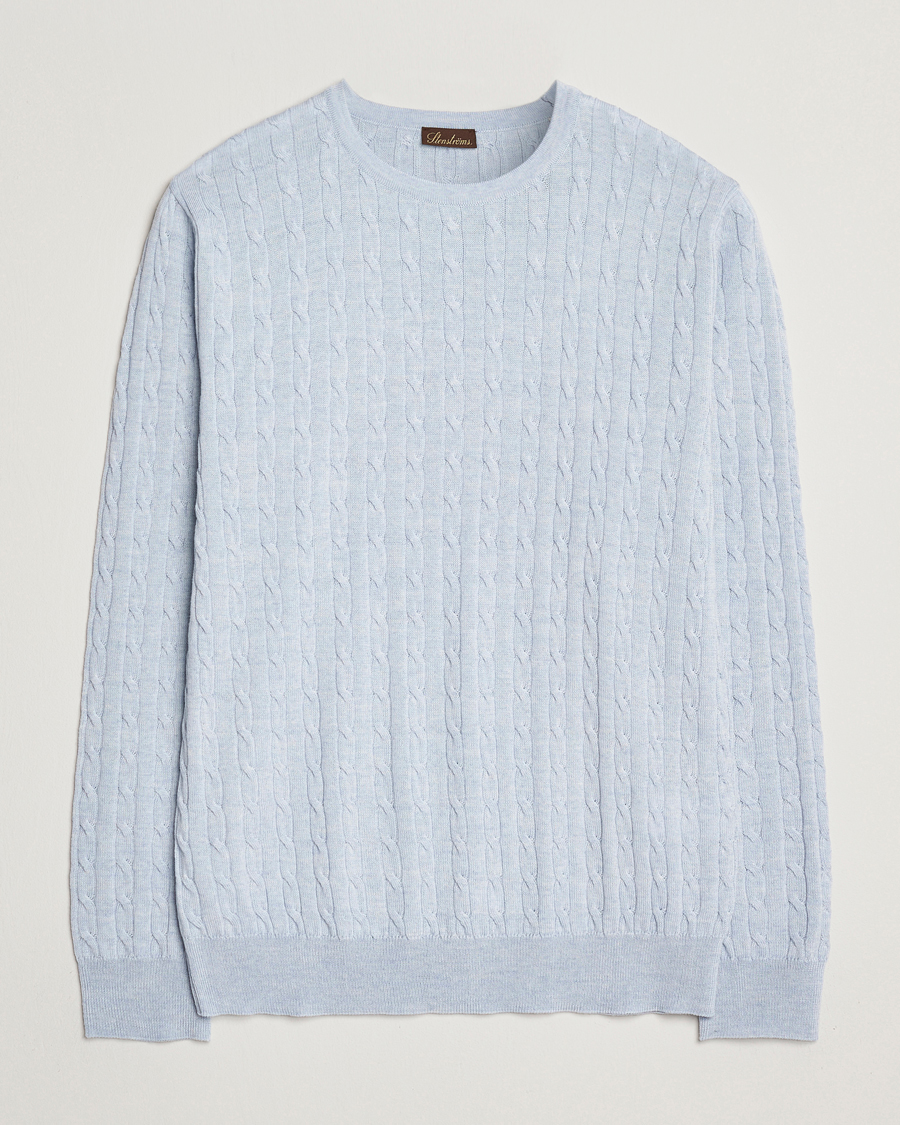 Herre | Gensere | Stenströms | Merino Cable Crew Neck Light Blue